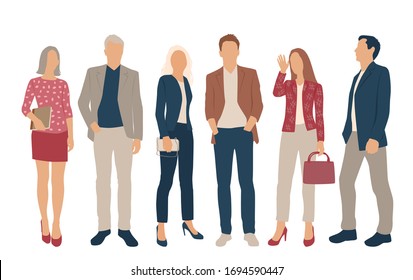 Set of men and women, different colors, cartoon character, group of silhouettes standing business people, flat icon design concept isolated on white background