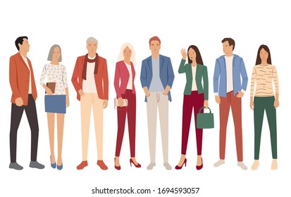 Set of men and women, different colors, cartoon character, group of silhouettes standing business people, flat icon design concept isolated on white background