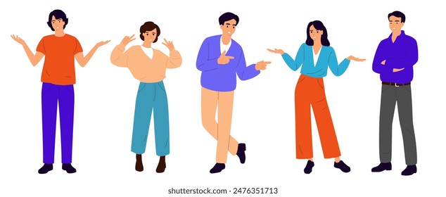 Set of men and women, different colors, cartoon character, group silhouettes of standing business people, arms to sides, students, flat icon design concept isolated on white background
