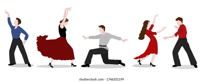 Set of men and women in different dance poses of Latin American, Spanish and ballroom dances