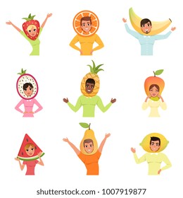 Set of men and women in different fruit hats. Strawberry, orange, banana, pitaya, pineapple, mango, watermelon, pear and lemon. Cartoon people. Flat vector design