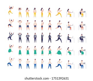 Set of men and women in different poses. Working, standing, walking, sitting , running and jumping. Vector illustration in flat style. full length.