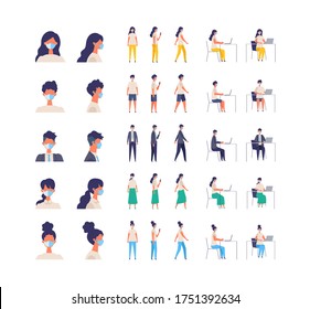 Set of men and women in different poses. Working, standing, walking and sitting. Vector illustration in flat style. full length.