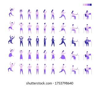 Set of men and women in different poses. Working, standing, walking, sitting , running and jumping. Vector illustration in flat style. full length.