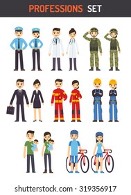 Set of men and women of different professions: policeman, fireman, doctor, soldier, construction worker, businessman, athlete and stay at home parent. Cute cartoon vector illustration.