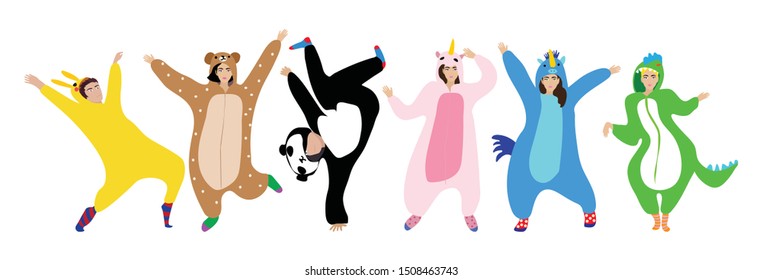 Set of men and women dressed in  pajamas or kigurumi. Celebration. Vector illustration.