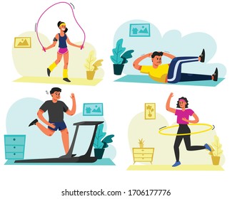 Set Of Men And Women Exercise At Home. Using The House As A Gym.  Vector Illustration In Flat Cartoon Style.