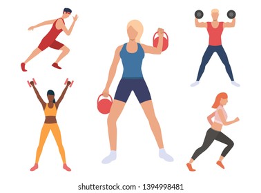 Set of men and women exercising in gym. People lifting weight, training strength, running. Sport concept. Vector illustration can be used for topics like fitness club or hobby