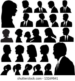 A Set Of Men & Women Faces As Head And Shoulder Profile Silhouettes Of People.