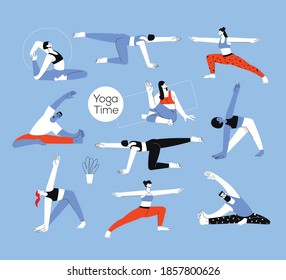 Set of men and women figures in the yoga poses on a blue background in a flat style. Vector illustration. yoga health benefits of the body, mind and emotions.