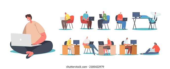 Set Men and Women Freelancers or Office Workers Working on Computers Isolated on White Background. Young Characters at Workplace Desk with Laptop or Pc Concept. Cartoon People Vector Illustration