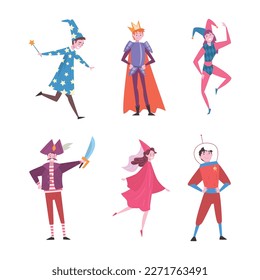 Set of men and women in funny costumes. Adult people dressed as wizard, jester, pirate, prince, superhero cartoon vector illustration