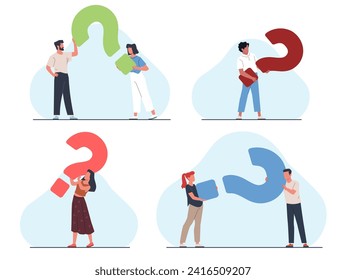 Set of men and women holding large question marks. People solving problems and finding new opportunities. FAQ service, thinking characters, find answer, cartoon isolated vector concept