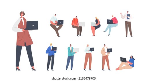 Set Men and Women with with Laptop. Freelancers or Office Workers with Computers Isolated on White Background. Young Male and Female Characters at Workplace Concept. Cartoon People Vector Illustration