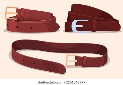 A set of men and women leather belts. Elements of clothing, stylish accessories. Vector illustration on a white background. svg