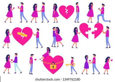A set of men and women, love at first sight, a date, betrayal and quarrels and hugs, puzzle from the heart. Development of a relationship. Trendy vector flat people.