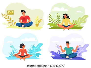 Set of men and women meditation. Men and women sitting meditation.  Relaxing the mind with meditation. mental health concept.