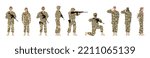 Set of men and women in military uniform. Army soldiers, officers. Collection of recruits. Character with weapon, infantry. Flat vector illustration.