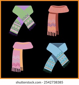 conjunto de Homens Mulheres Muffler para proteção fria em um fundo branco. Desenhado à mão elegante doodle Flannel Scarf Vetor Illustration. roupas de inverno abafar clip art. ícone do cachecol de inverno para meninos e meninas.