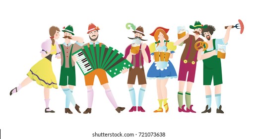 Set of men and women at Octoberfest. Characters in national costumes. Vector flat illustration for restaurant or bar menu, isolated on white background.