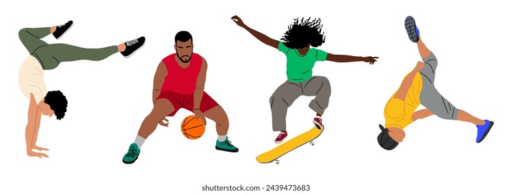 Set of men and women performing sport activities.