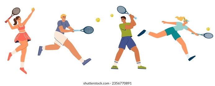 Set of men and women playing tennis. Collection of athletes and sportswomen in dressed sportswear holding rackets and hitting a ball, isolated on a white background. Flat cartoon vector illustration.