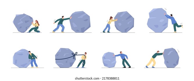 Set of men and women pushing and pulling different stones flat style, vector illustration isolated on white background. Characters making efforts to move huge stones, business metaphor