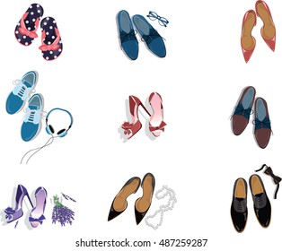 Set of men and women shoes Vector. Big vector fashion illustration accessories sketch collection. Isolated vogue fashion elements