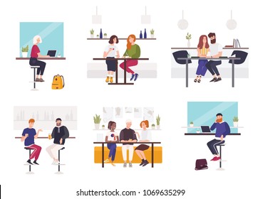 Set of men and women sitting at cafe or restaurant tables - working on laptop, talking to each other, drinking coffee or beer with friend. Male and female flat cartoon characters. Vector illustration.