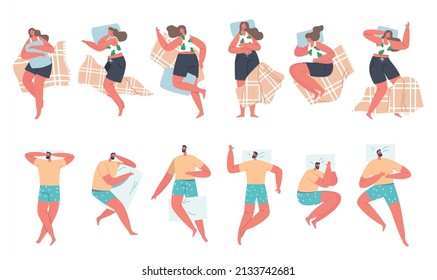 Set of Men and Women Sleeping Poses, People Lying in Bed Top View. Nighttime Relaxation, Characters Wear Pajama Sleep with Pillow and Blanket Isolated on White Background. Cartoon Vector Illustration