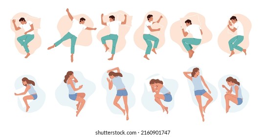 Set of Men and Women Sleeping Poses, People Lying in Bed Top View. Nighttime Relaxation, Characters Wear Pajama Sleep with Pillow Isolated on White Background. Cartoon Vector Illustration svg