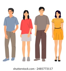 Set of  men and women stand, different colors, cartoon character, silhouettes standing  people, fashion model, design concept of flat icon, hand draw vector illustration, isolated on white