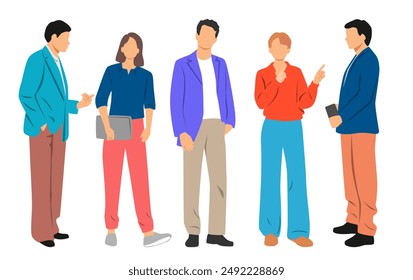 Conjunto de hombres y mujeres de pie, diferentes colores, personaje de dibujos animados, siluetas de personas de pie, modelo de moda, concepto de diseño de ícono plano, Ilustración vectorial de dibujo a mano, aislado en blanco