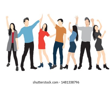 Set of men and women standing, hands up, dancing in various poses, cartoon character,  group business  people , vector silhouette, flat designe icon, different colors, isolated on white background