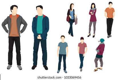 Set of men and women standing, in various poses, cartoon character,  people, business, group, vector silhouette, flat designe icon, different colors, isolated on white background