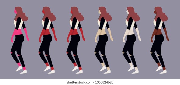 Set of men and women standing, in various poses, cartoon character, people, business, group, vector silhouette, flat designe icon, different black and white, isolated on white, fashion 