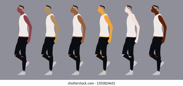 Set of men and women standing, in various poses, cartoon character, people, business, group, vector silhouette, flat designe icon, different black and white, isolated on white, fashion 