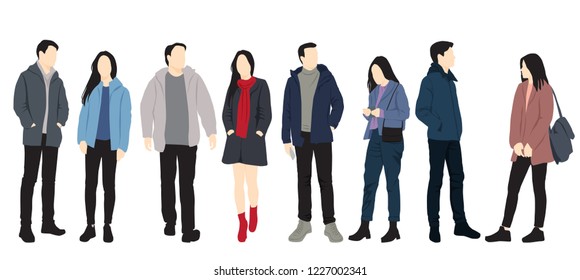 Set of men and women standing and walking, outerwear, in various poses, cartoon character,  people, business, group, vector silhouette, flat designe icon, different colors isolated on white background