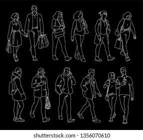 Set of men and women standing and walking. Monochrome vector illustration of people in different poses in simple line art style. Hand drawn sketch. White lines isolated on black background.