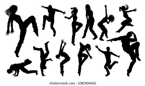 A set of men and women street dance hip hop dancers in silhouette svg