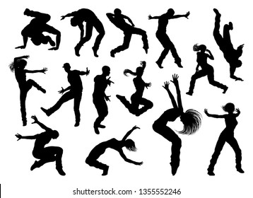 A set of men and women street dance hip hop dancers in silhouette svg