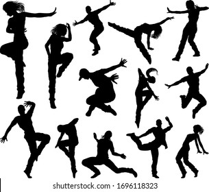 A set of men and women street dance hip hop dancers in silhouette