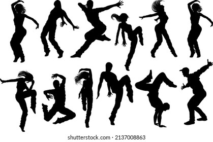 A set of men and women street dance hip hop dancers in silhouette