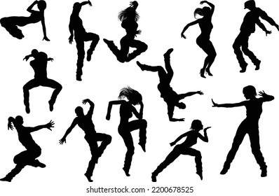 A set of men and women street dance hip hop dancers in silhouette