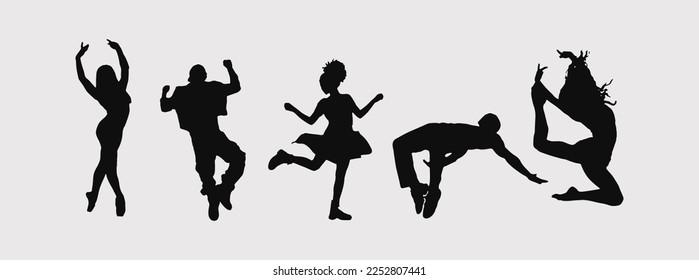 A set of men and women street dance hip hop dancers in silhouette