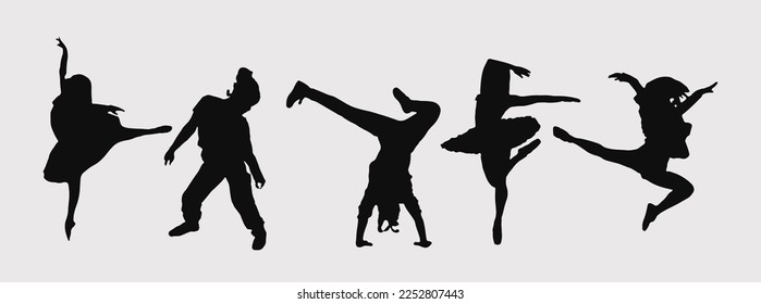 A set of men and women street dance hip hop dancers in silhouette