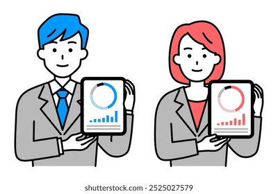 Set of men and women in suits holding tablets with graphs displayed on the screen