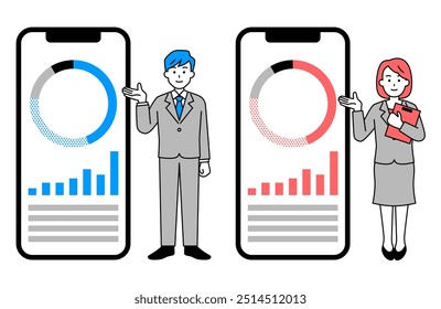 Conjunto de hombres y mujeres en trajes que presentan la gestión de activos con un Grande teléfono inteligente