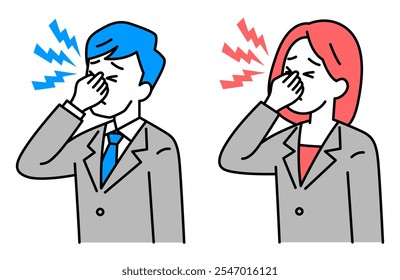 Set of men and women in suits suffering from eye strain