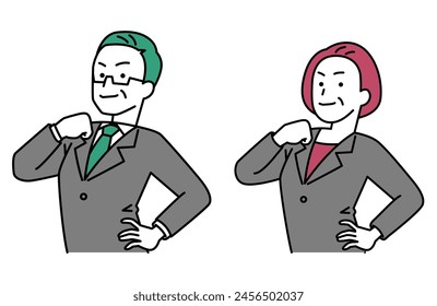 Set of men and women in suits that show off their chests